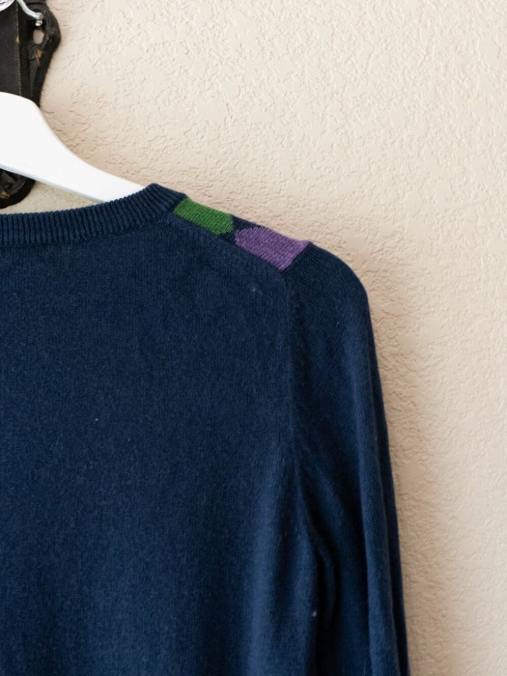 Banana Republic Argyle Sweater XS Navy Blue Angora Rabbit Blend 3/4Sleeve Preppy - Picture 11 of 14
